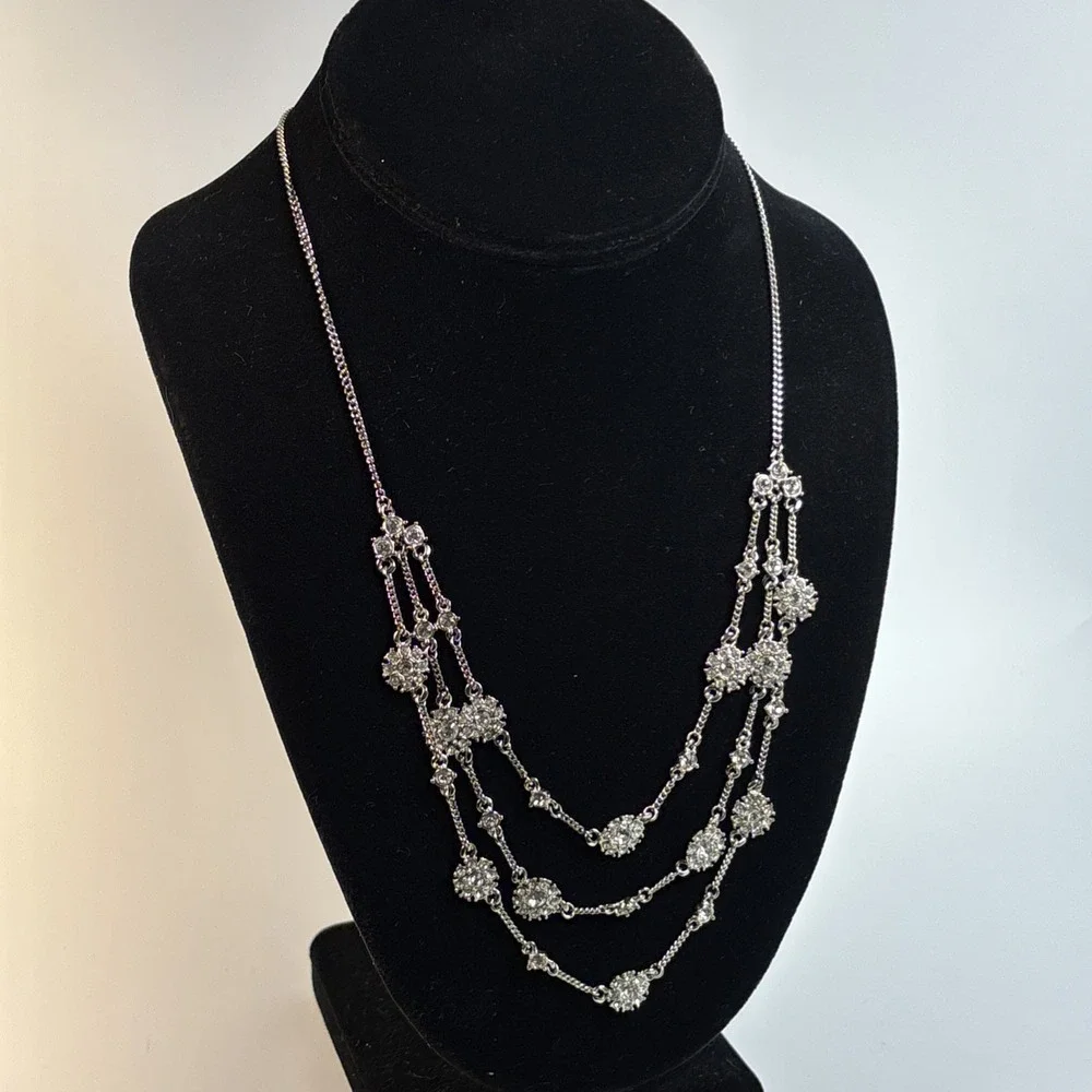 Necklace Rhinestones Multi Strand Delicate Bib Style Givenchy Silver Tone‎ 90s